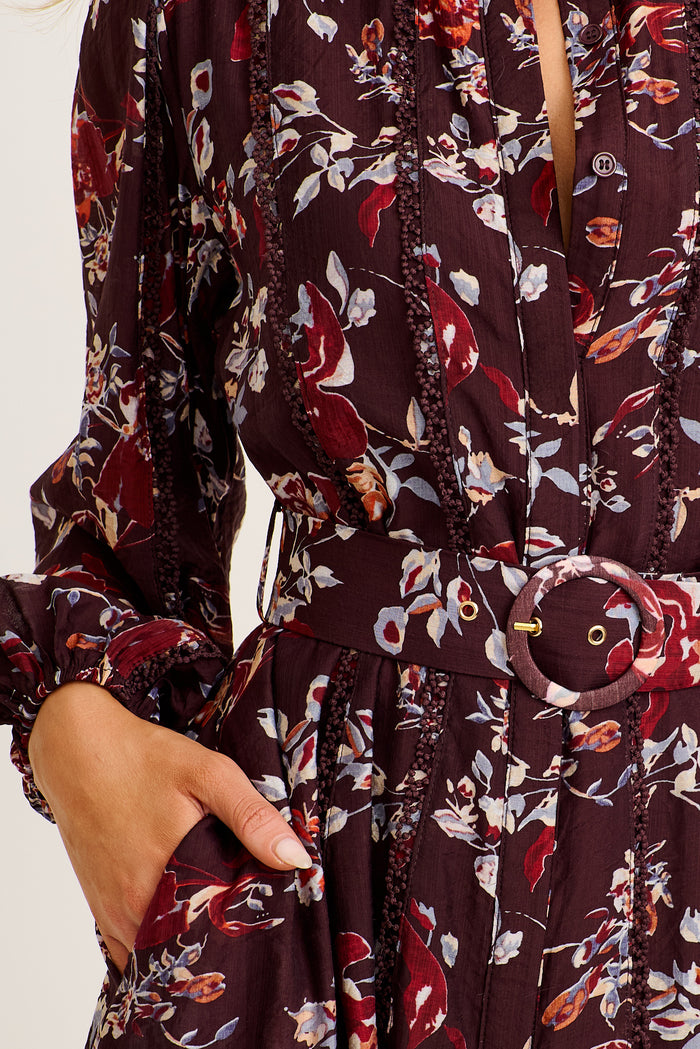 Wendy Maxi Shirt Dress in Wine Floral detail