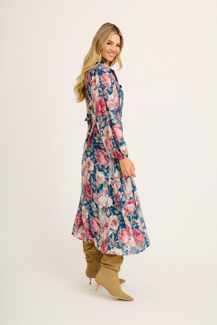 Wendy Maxi Shirt Dress in Teal with Pink Floral side