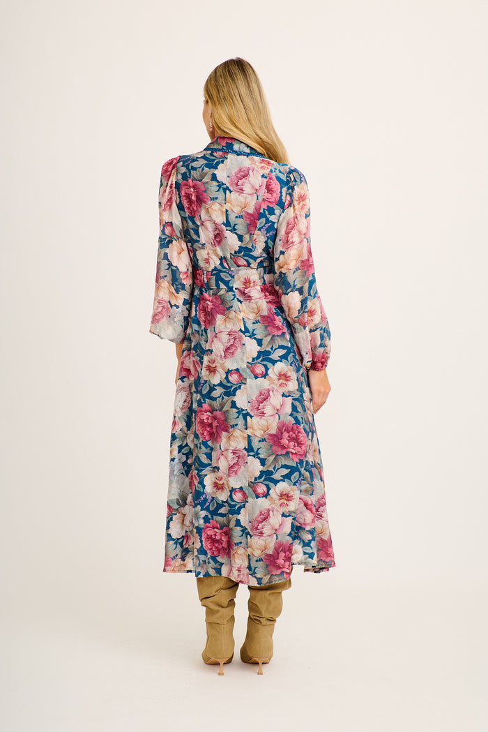 Wendy Maxi Shirt Dress in Teal with Pink Floral back