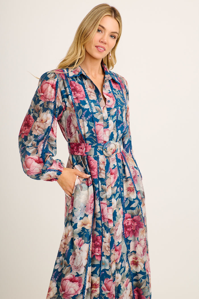 Wendy Maxi Shirt Dress in Teal with Pink Floral front