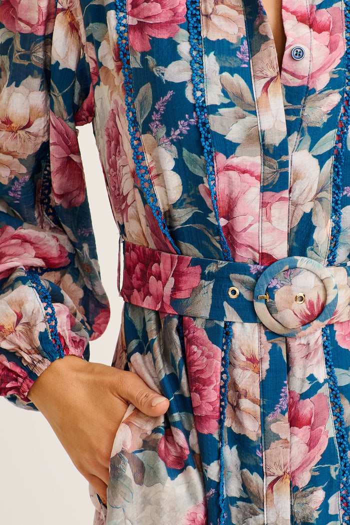 Wendy Maxi Shirt Dress in Teal with Pink Floral detail