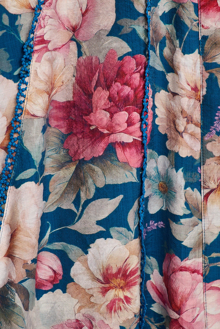 Wendy Maxi Shirt Dress in Teal with Pink Floral fabric