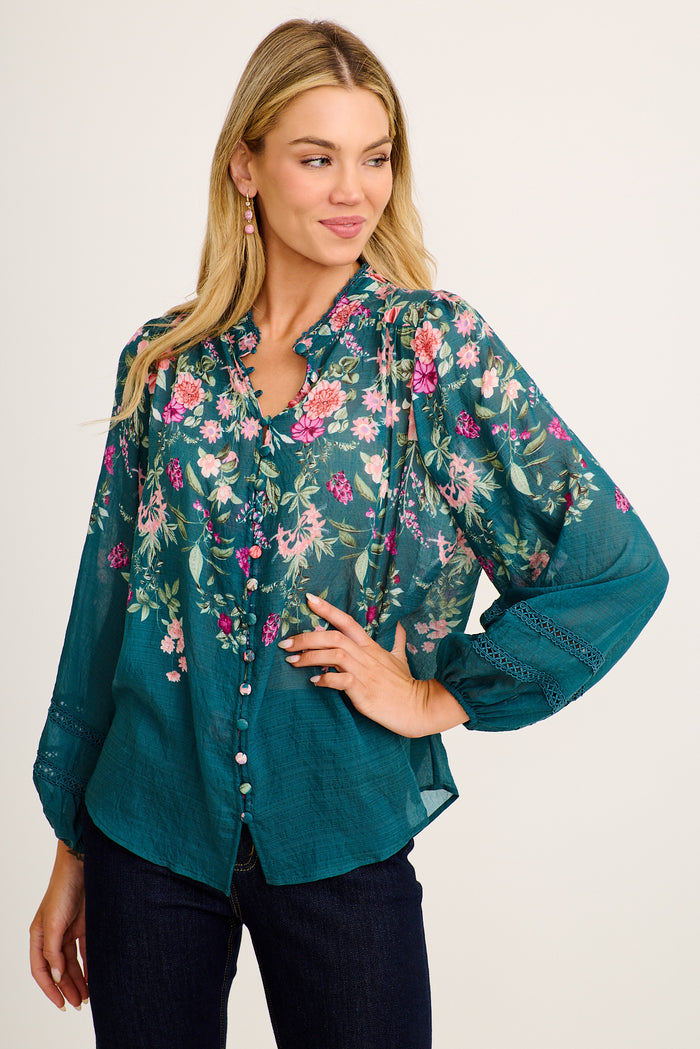 Ready or Not Top in Emerald Floral front