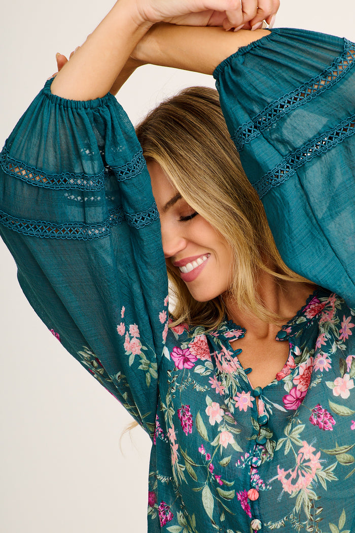 Ready or Not Top in Emerald Floral detail