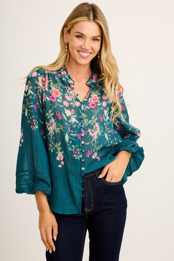 Ready or Not Top in Emerald Floral front