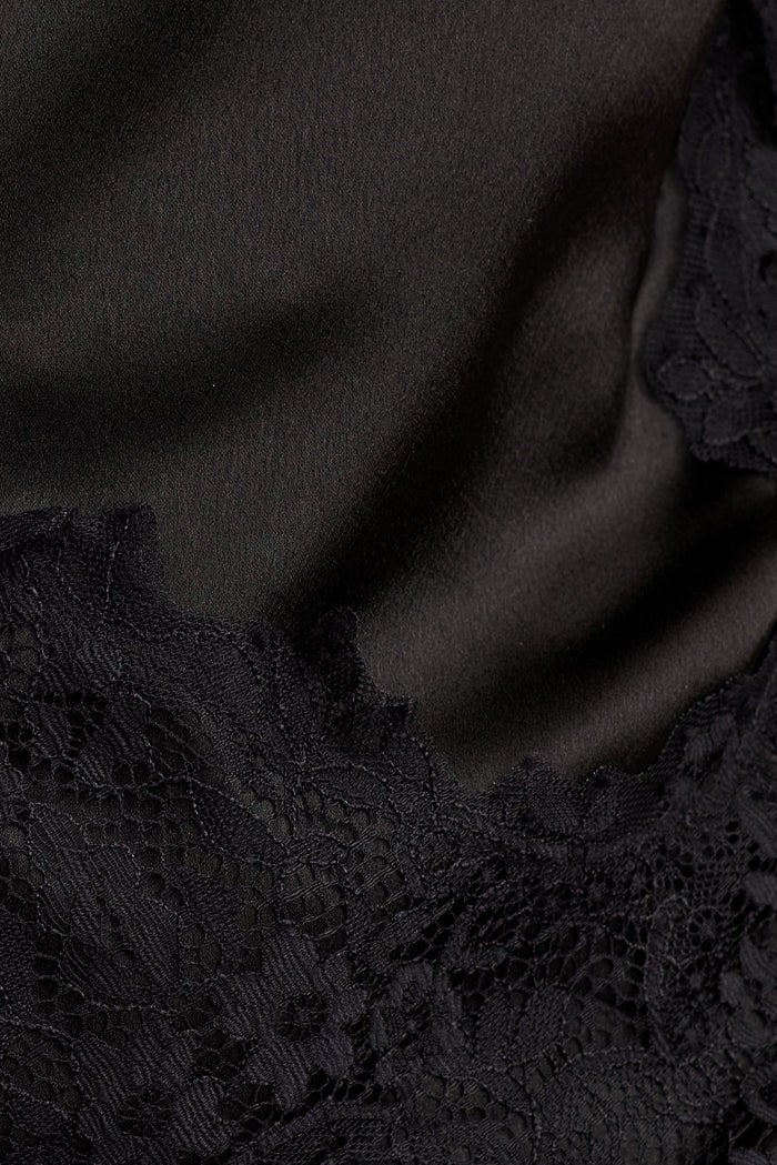 Hailey Off Shoulder Top in Black Satin with Lace Trim fabric