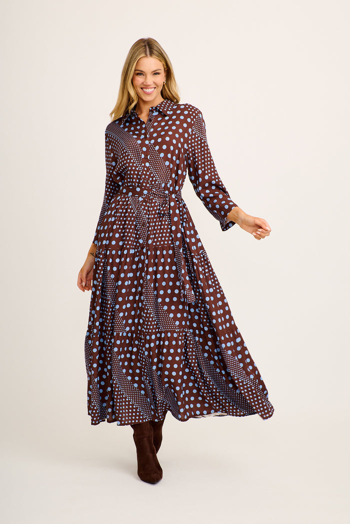 Asteria Maxi Shirt Dress in Brown with Blue Polka Dot | St Frock Asteria Maxi Shirt Dress in Brown with Blue Polka Dot | St Frock