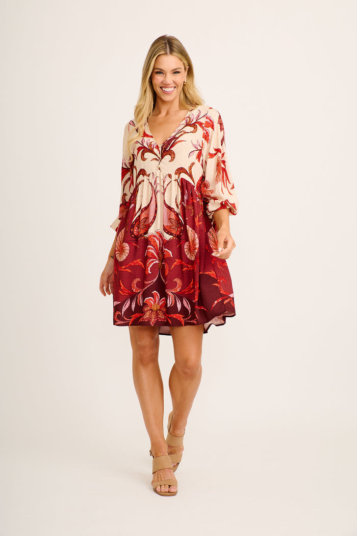 Kindred Smock Dress in Beige with Wine Mosaic Print full length