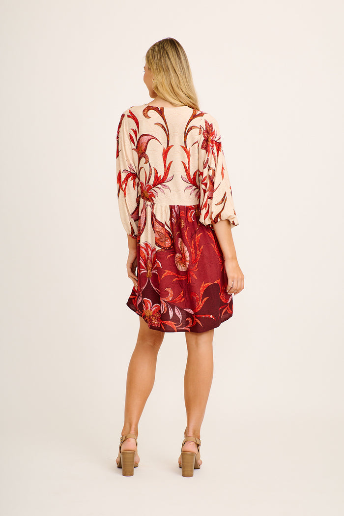 Kindred Smock Dress in Beige with Wine Mosaic Print back