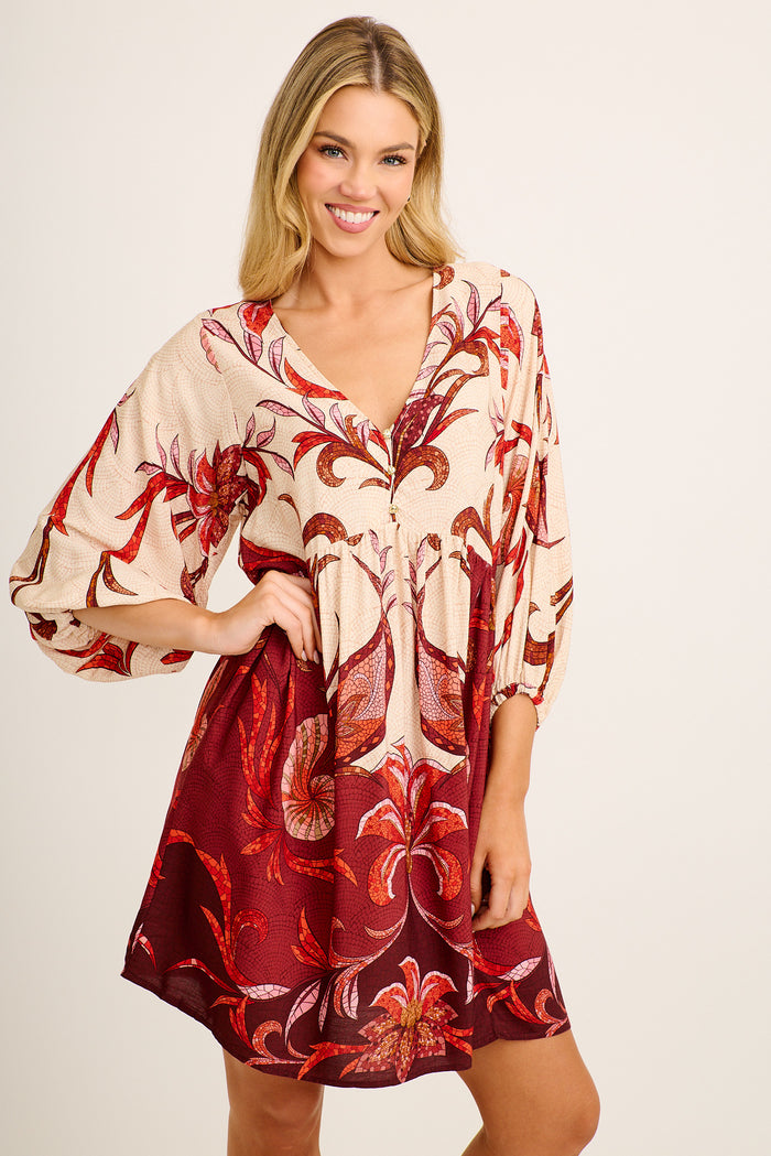 Kindred Smock Dress in Beige with Wine Mosaic Print front