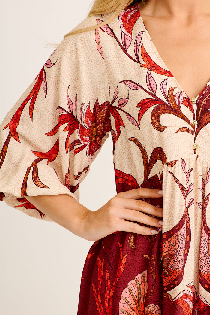 Kindred Smock Dress in Beige with Wine Mosaic Print detail