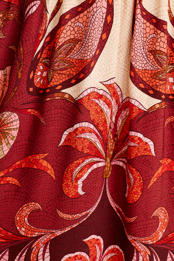 Kindred Smock Dress in Beige with Wine Mosaic Print fabric