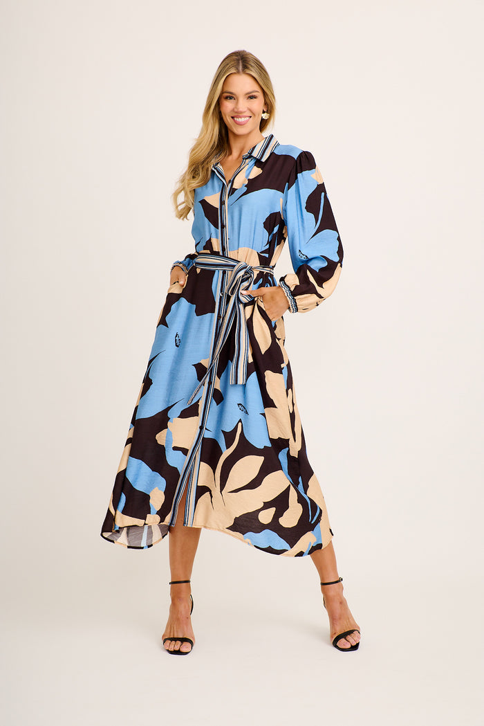 Marant Maxi Shirt Dress in Multi Blue Print full length