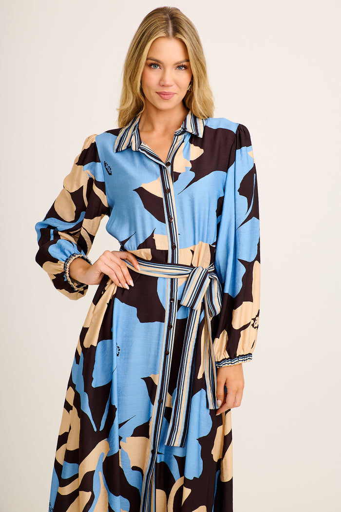 Marant Maxi Shirt Dress in Multi Blue Print front