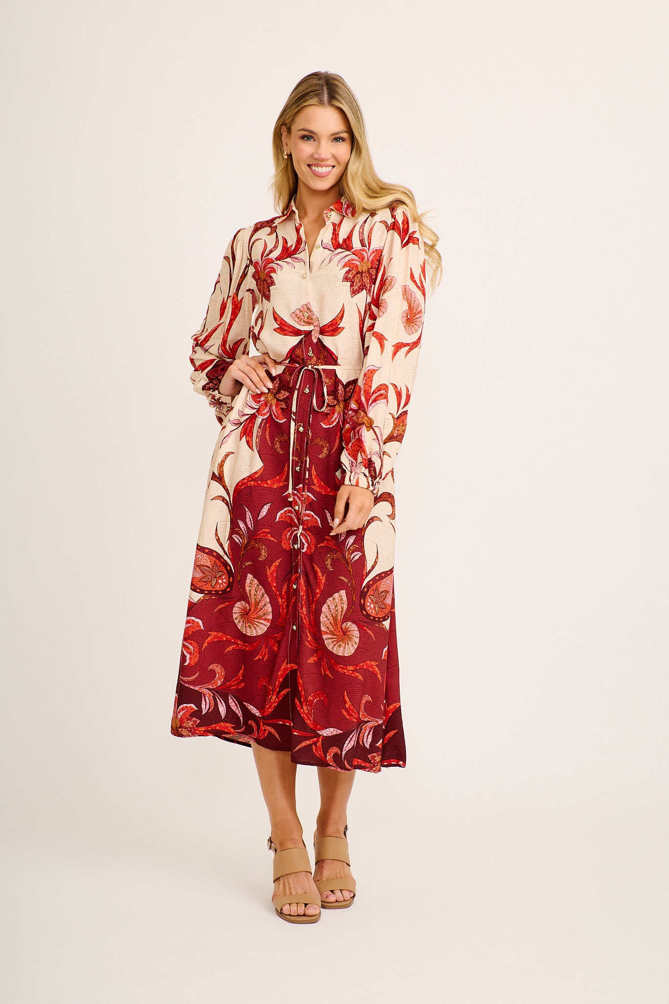 Abbey Maxi Shirt Dress in Beige with Wine Mosaic Print – St Frock