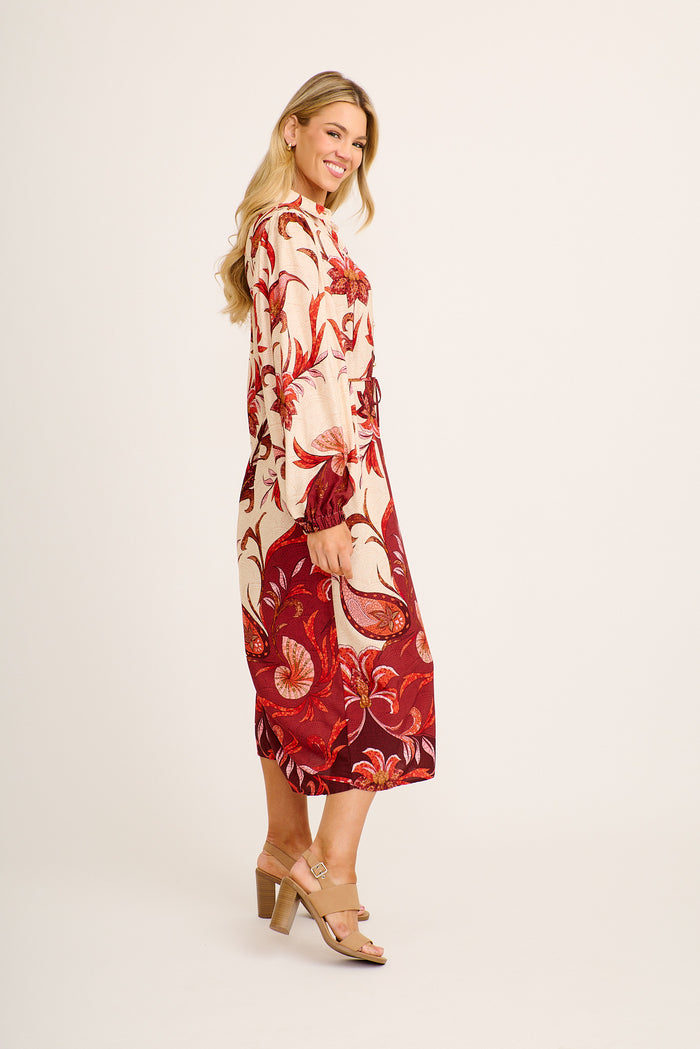 Abbey Maxi Shirt Dress in Beige with Wine Mosaic Print side