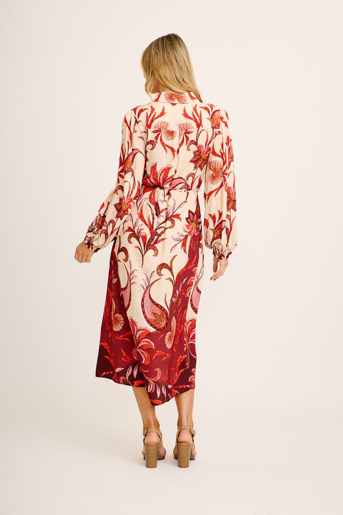 Abbey Maxi Shirt Dress in Beige with Wine Mosaic Print back