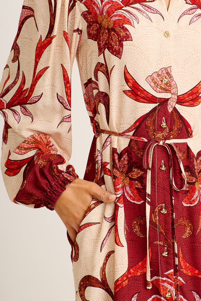 Abbey Maxi Shirt Dress in Beige with Wine Mosaic Print detail