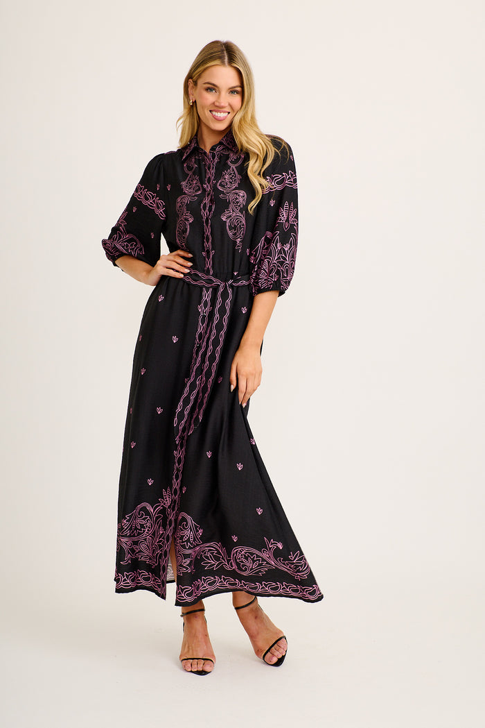 Marlyn Maxi Shirt Dress in Black with Pink Placement Print Linen Blend