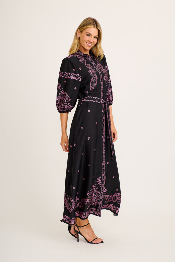 Marlyn Maxi Shirt Dress in Black with Pink Placement Print Linen Blend side