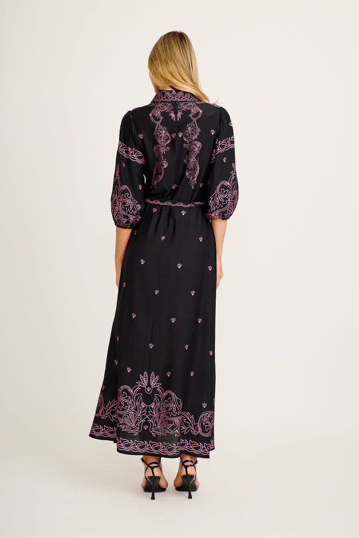 Marlyn Maxi Shirt Dress in Black with Pink Placement Print Linen Blend back