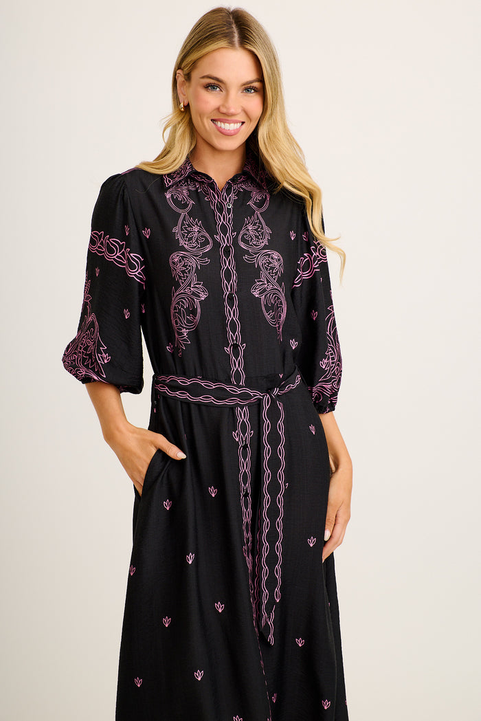 Marlyn Maxi Shirt Dress in Black with Pink Placement Print Linen Blend front