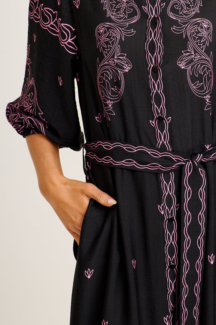 Marlyn Maxi Shirt Dress in Black with Pink Placement Print Linen Blend detail