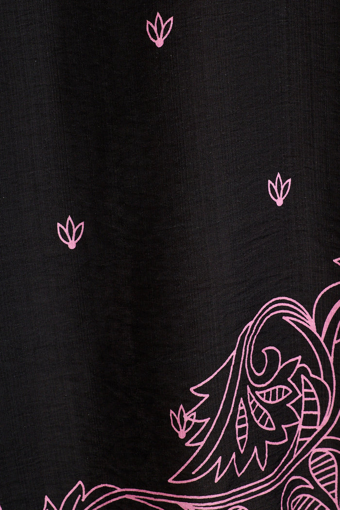 Marlyn Maxi Shirt Dress in Black with Pink Placement Print Linen Blend fabric