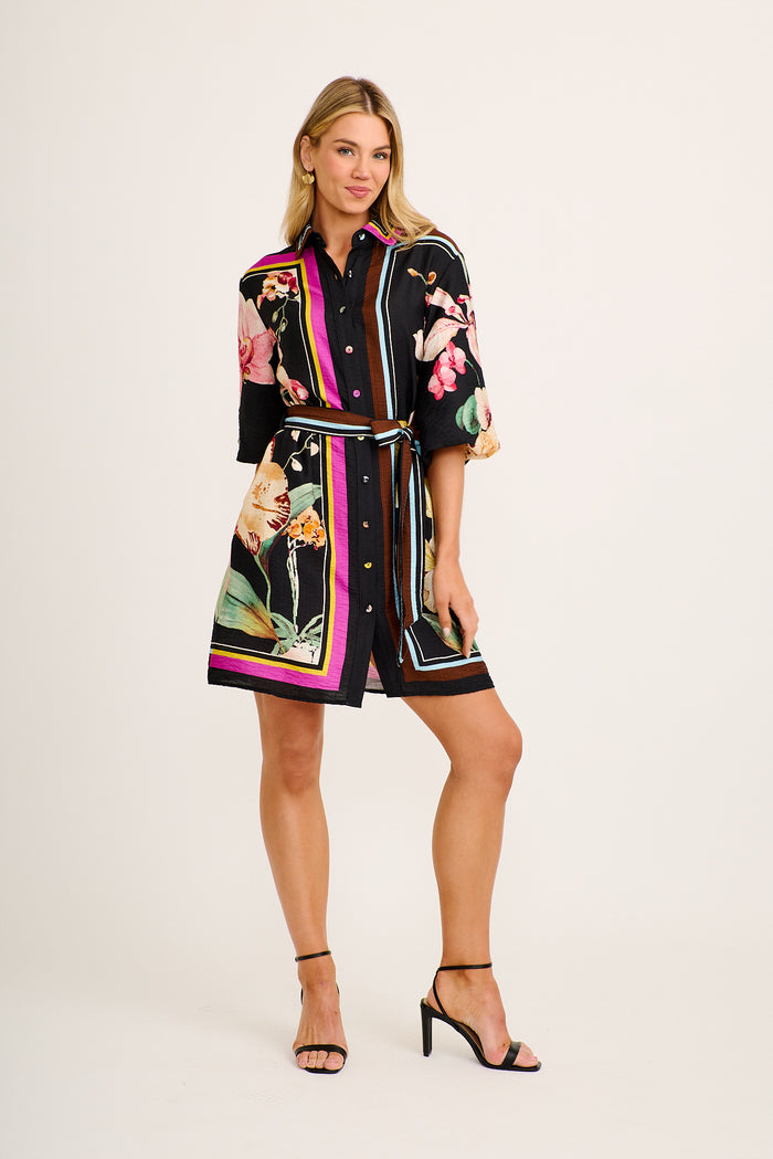 Haverly Shirt Dress in Black with Multi Floral Linen Blend