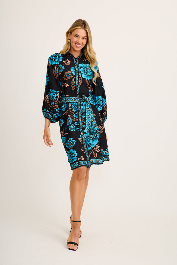 Risa Shirt Dress in Black with Blue Floral Linen Blend