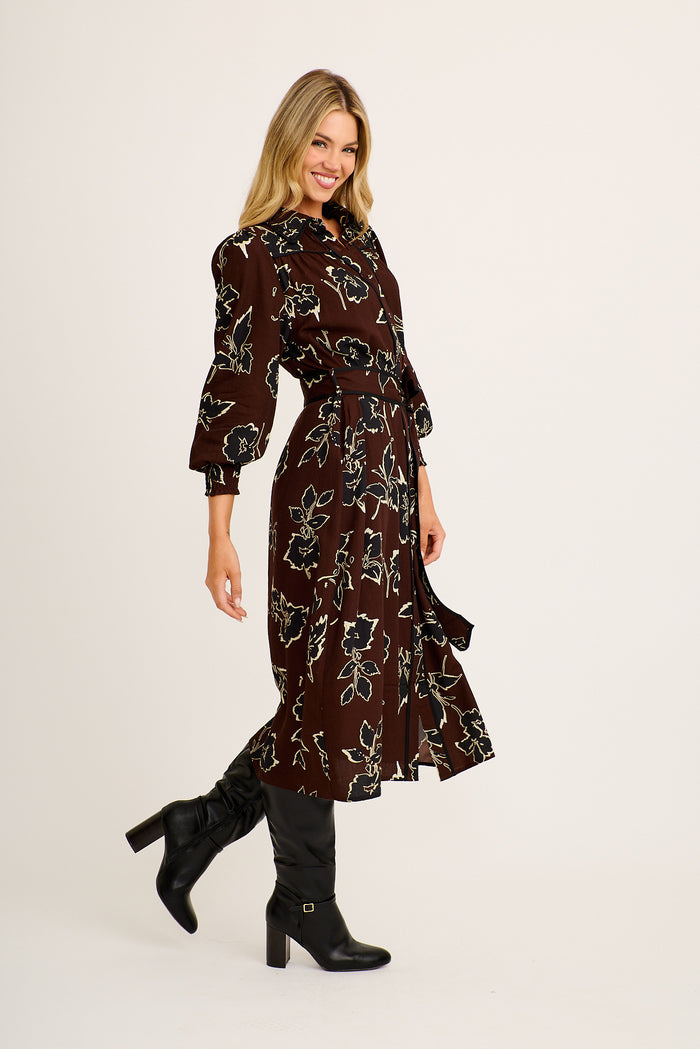 Gentle Glow Midi Shirt Dress in Brown with Black Floral Linen Blend side