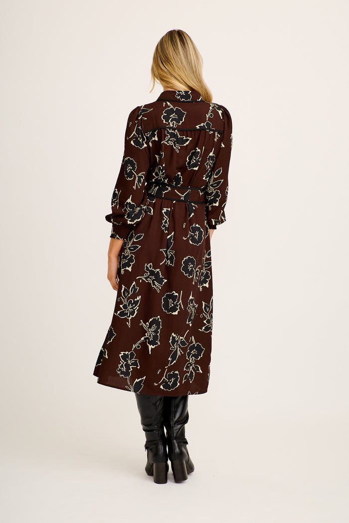 Gentle Glow Midi Shirt Dress in Brown with Black Floral Linen Blend back