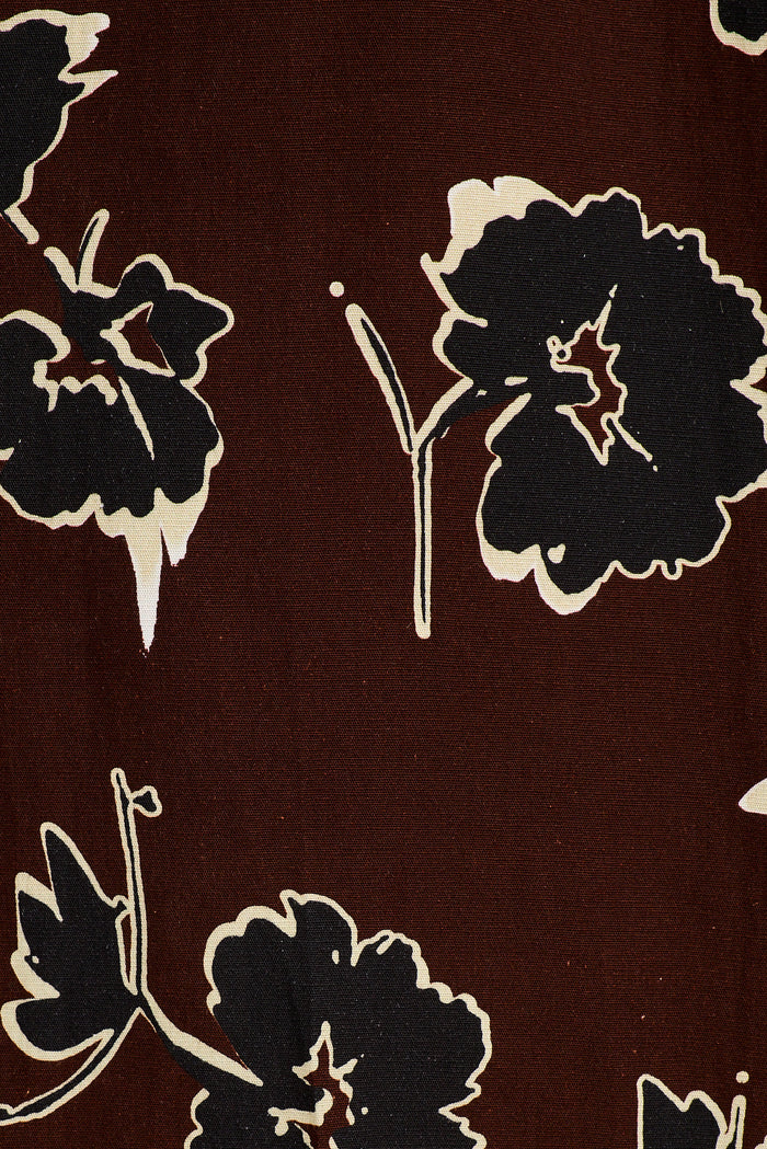 Gentle Glow Midi Shirt Dress in Brown with Black Floral Linen Blend fabric