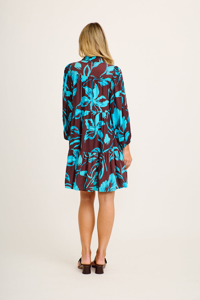 Felicity Shirt Dress in Brown with Blue Floral back