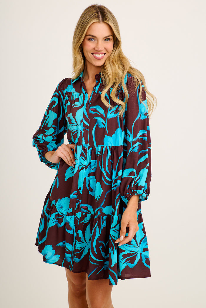 Felicity Shirt Dress in Brown with Blue Floral front