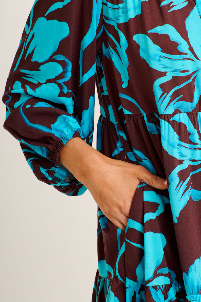 Felicity Smock Shirt Dress in Brown with Blue Floral