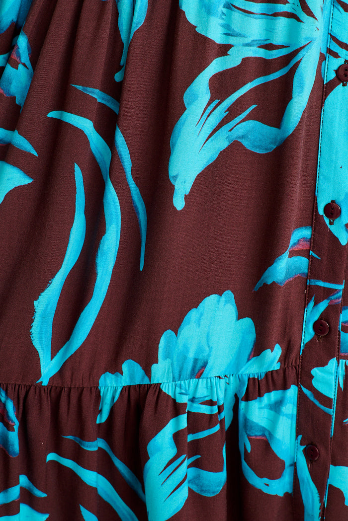 Felicity Shirt Dress in Brown with Blue Floral fabric