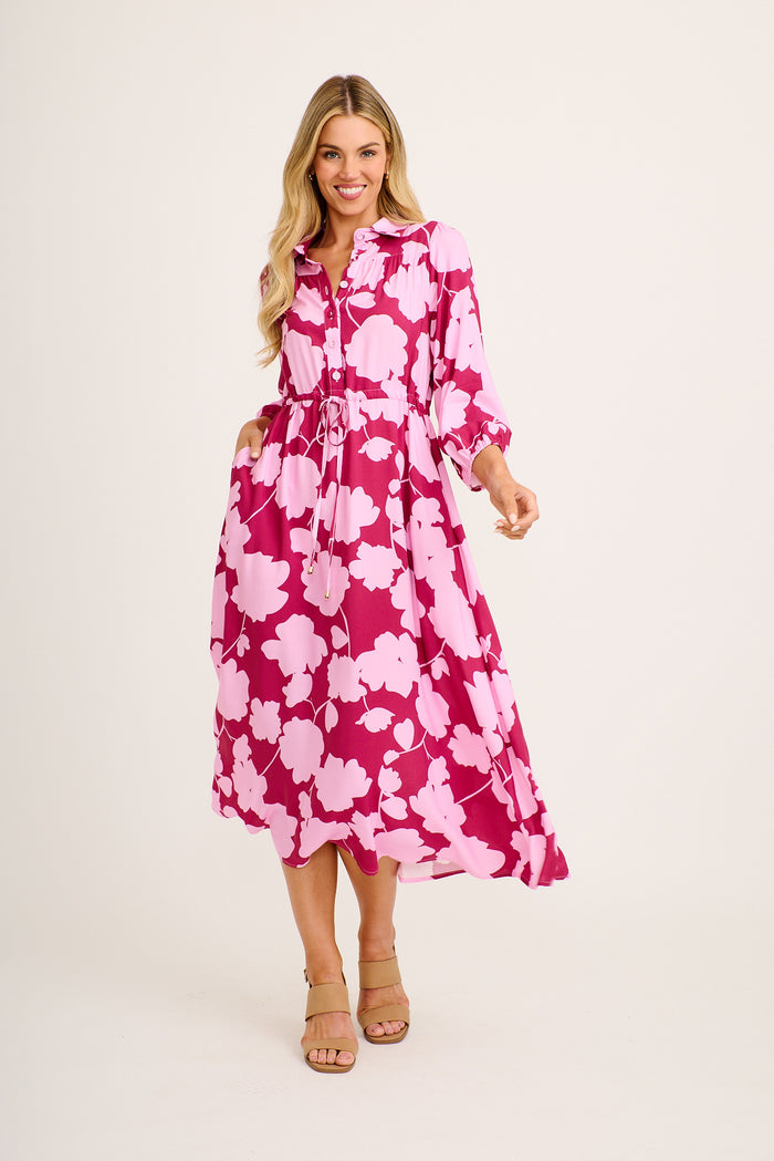 Harmony Midi Shirt Dress in Pink with Blush Floral full length