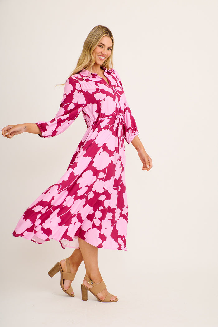 Harmony Midi Shirt Dress in Pink with Blush Floral side