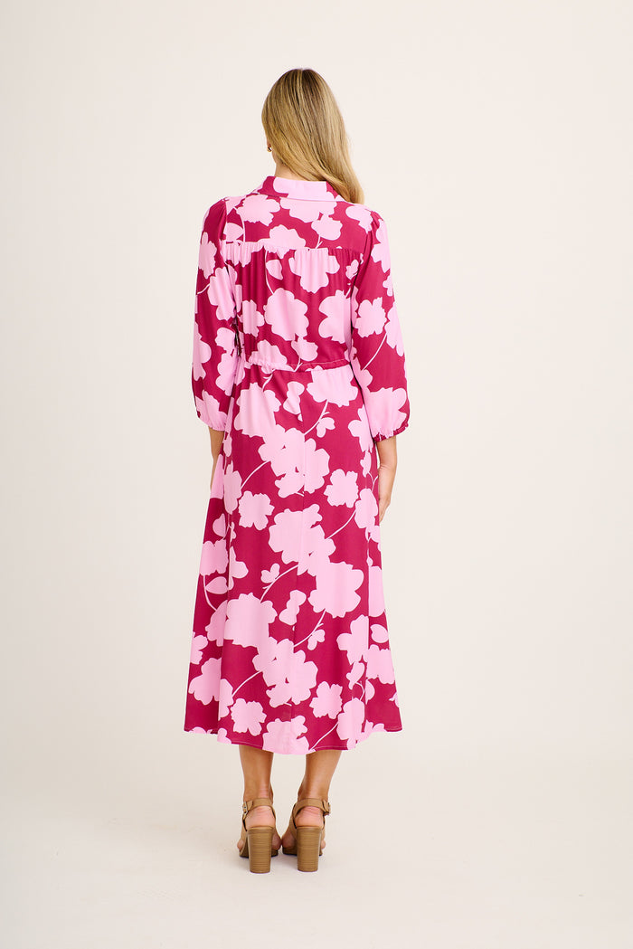 Harmony Midi Shirt Dress in Pink with Blush Floral back