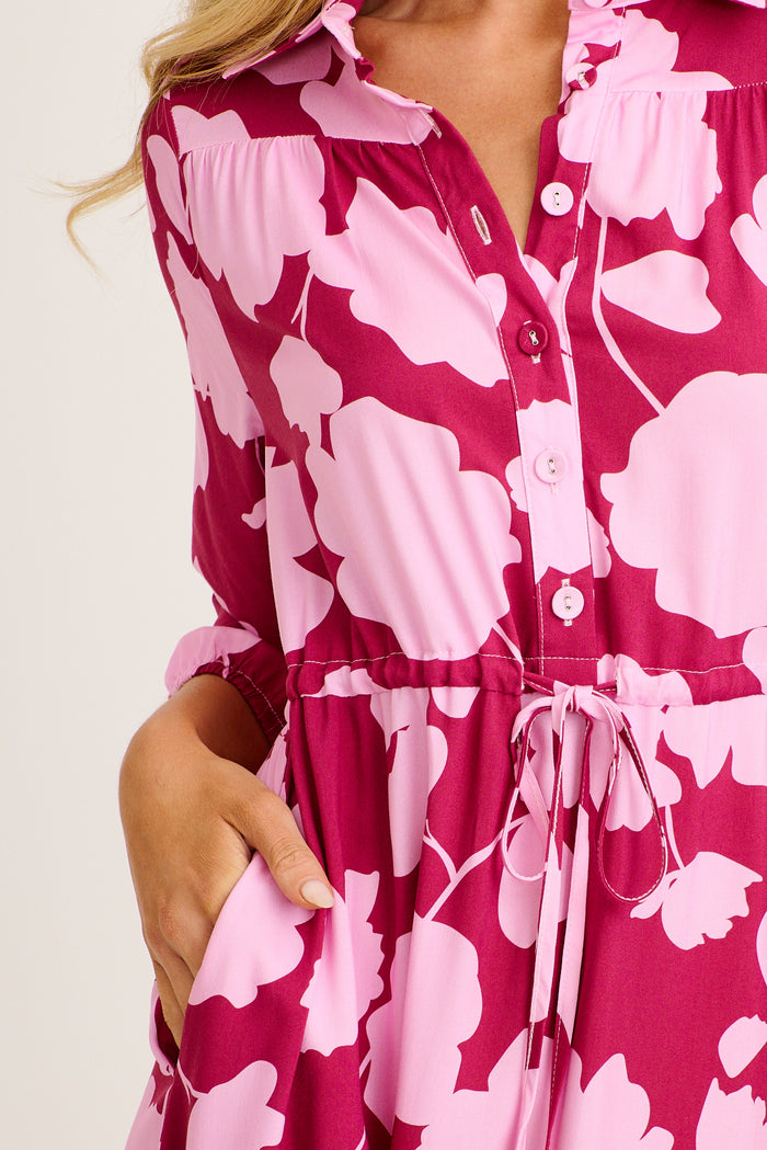 Harmony Midi Shirt Dress in Pink with Blush Floral detail