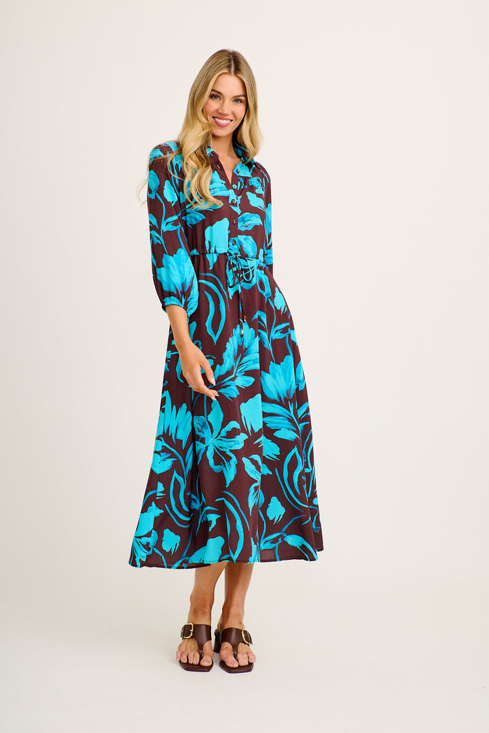 Harmony Midi Shirt Dress in Brown with Blue Floral full length
