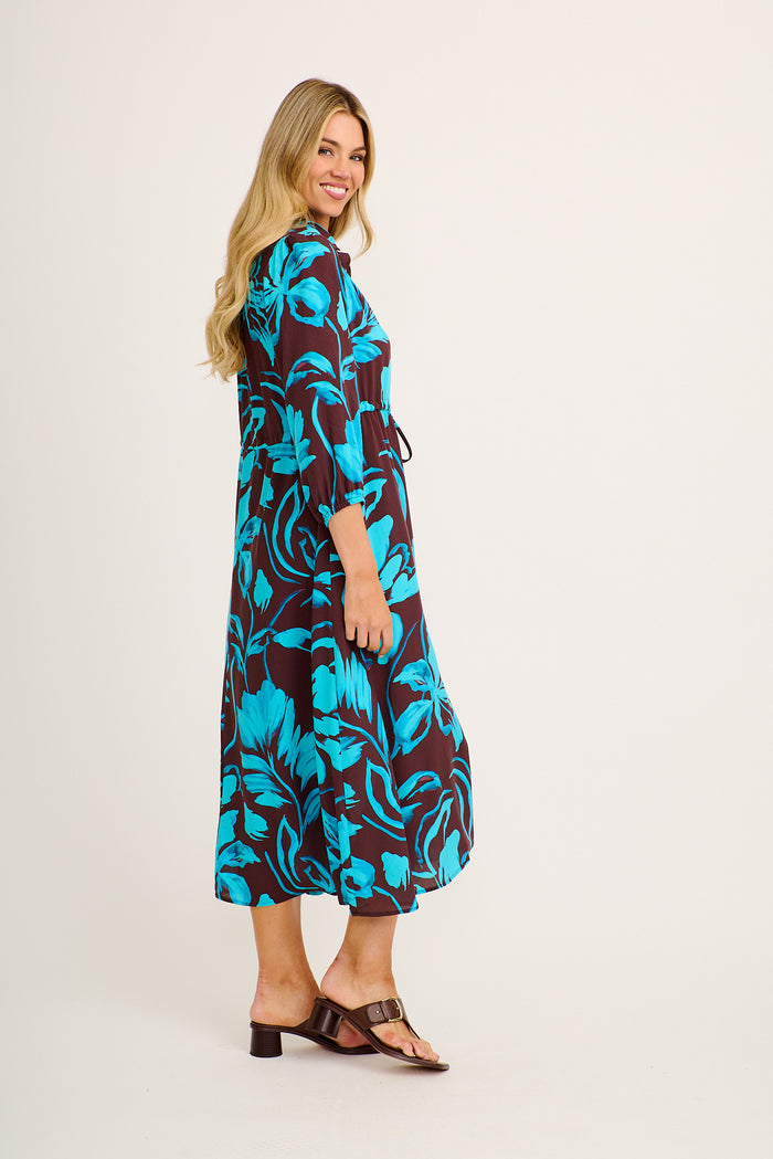 Harmony Midi Shirt Dress in Brown with Blue Floral side
