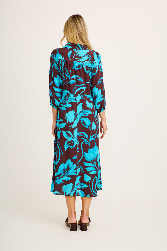 Harmony Midi Shirt Dress in Brown with Blue Floral back