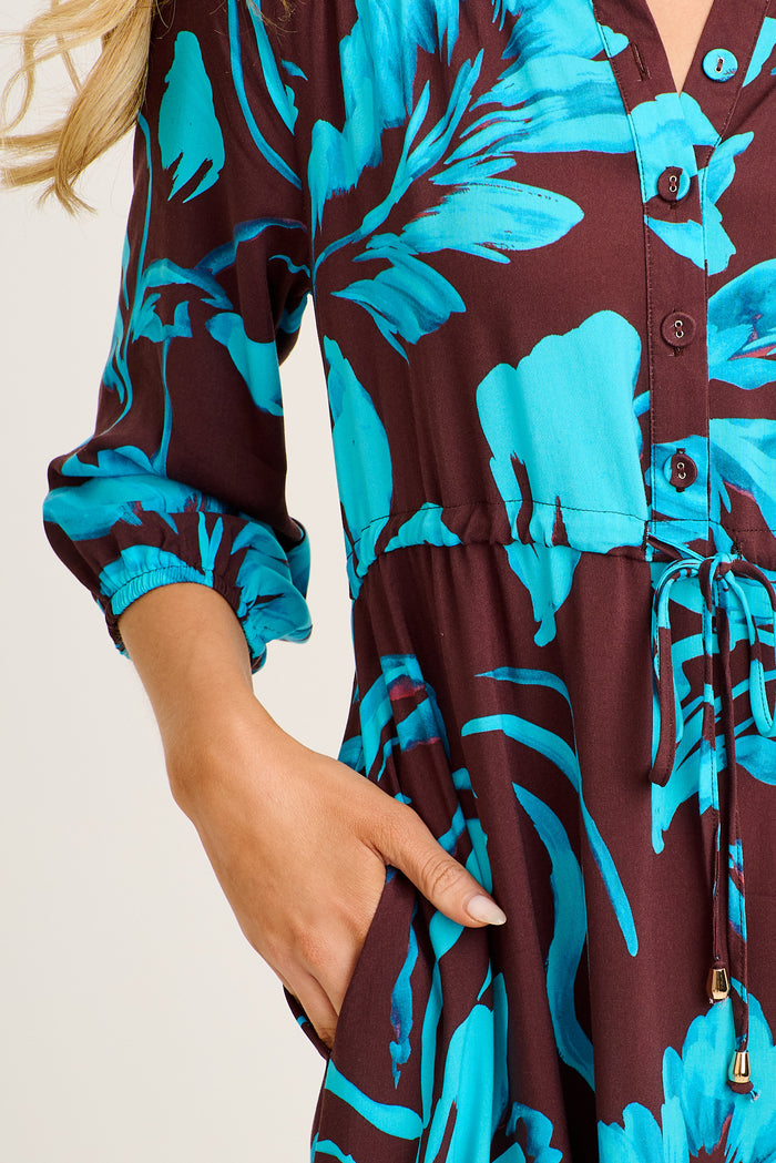 Harmony Midi Shirt Dress in Brown with Blue Floral detail