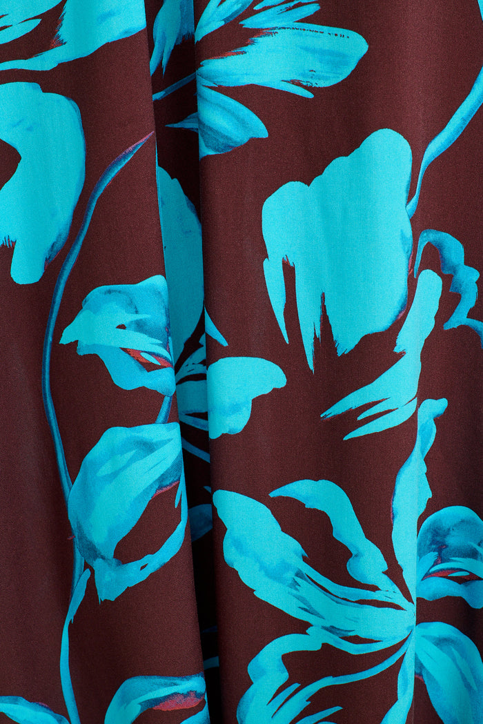 Harmony Midi Shirt Dress in Brown with Blue Floral fabric