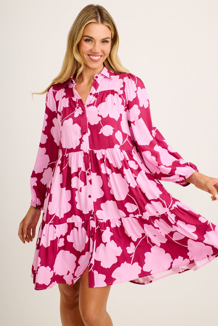 Felicity Shirt Dress in Pink with Blush Floral front
