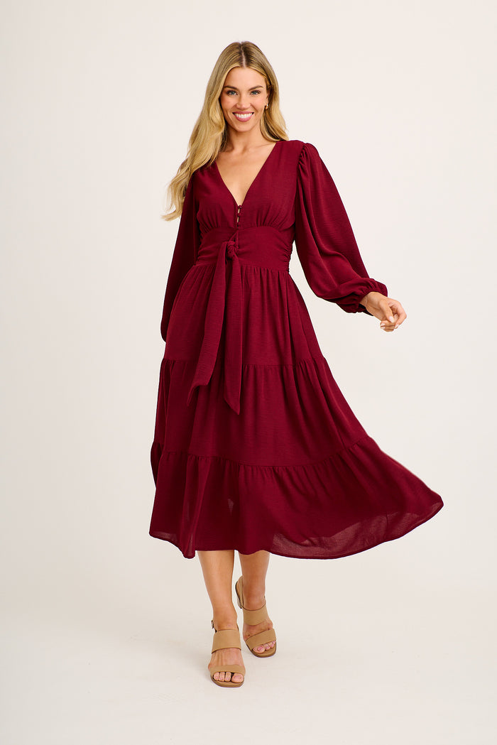 Saveria Midi Dress in Wine full length