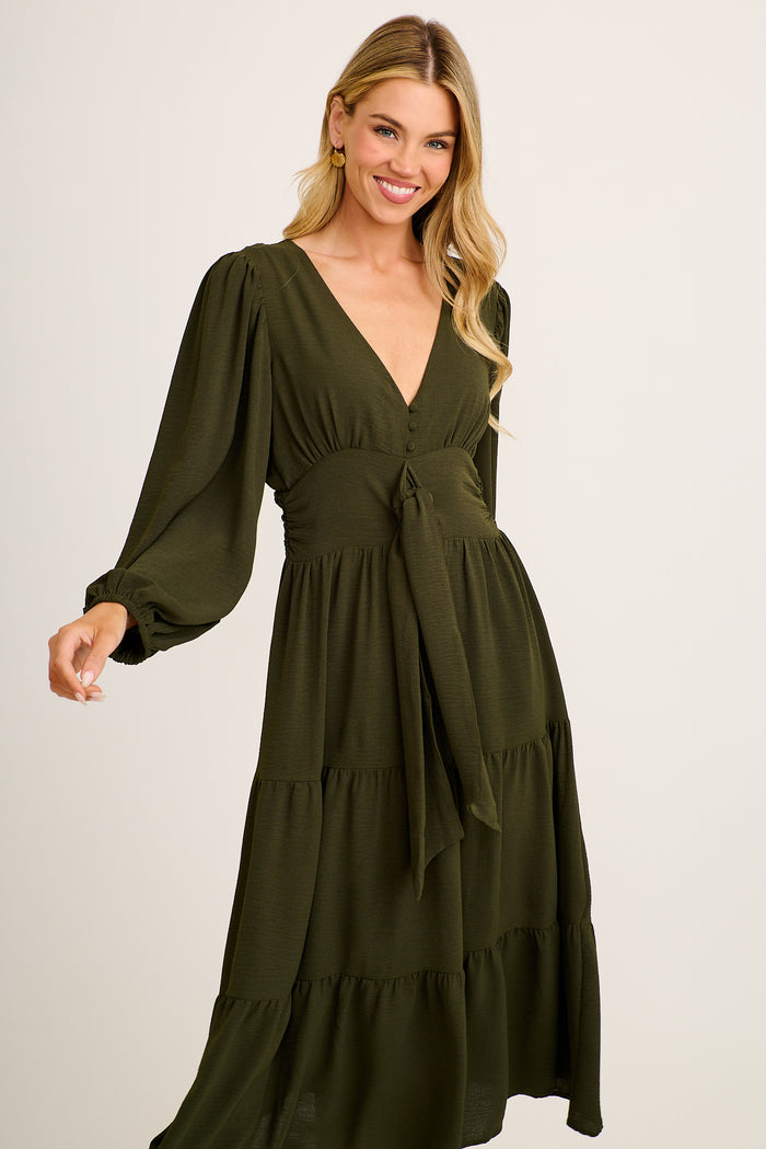 Saveria Midi Dress in Olive Green front