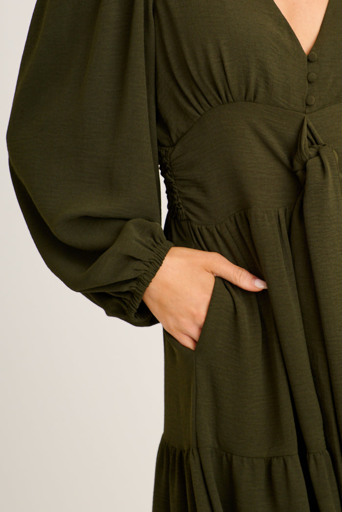 Saveria Midi Dress in Olive Green detail